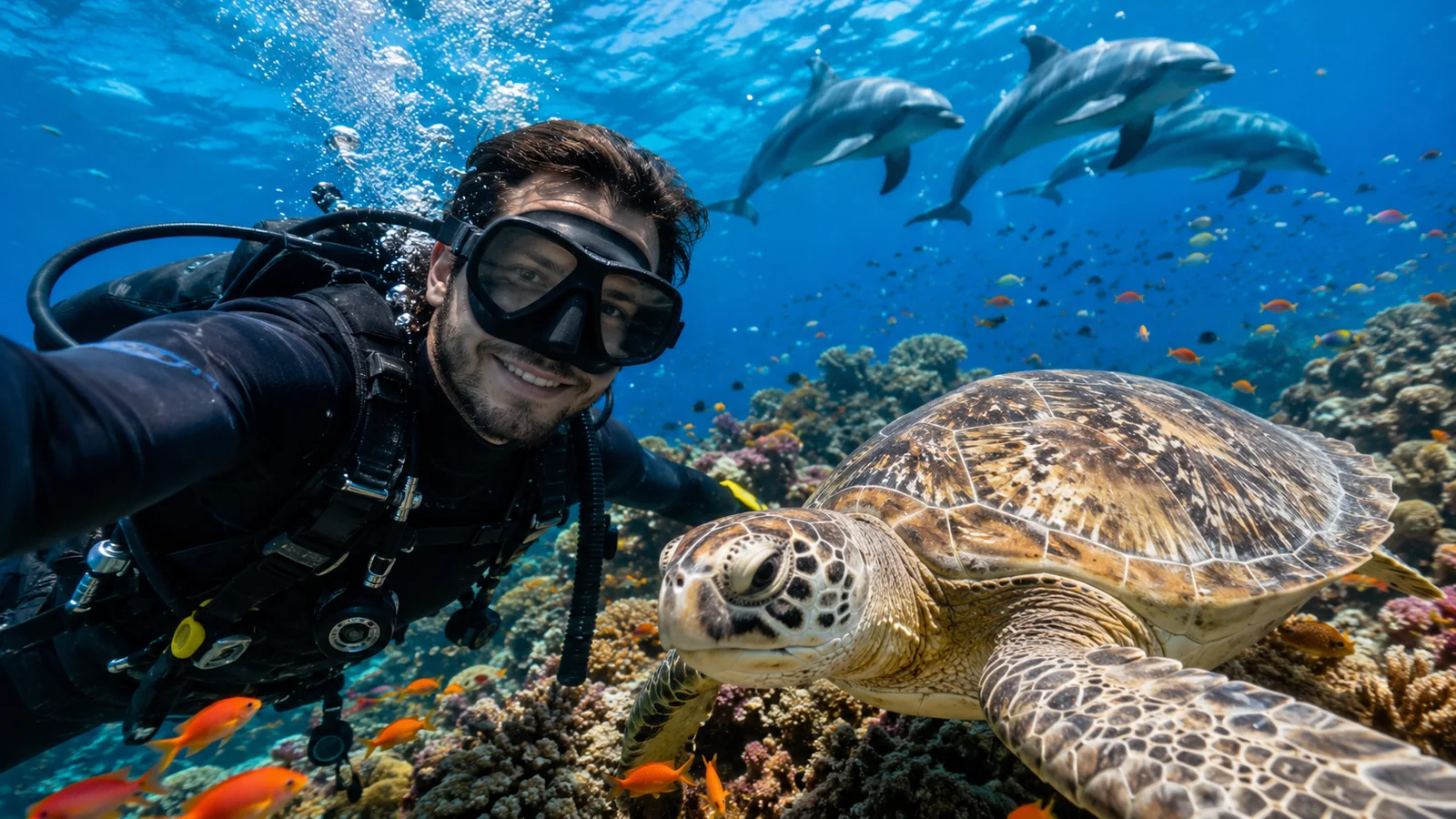Nurek robiący selfie z żółwiem morskim w Hurghadzie