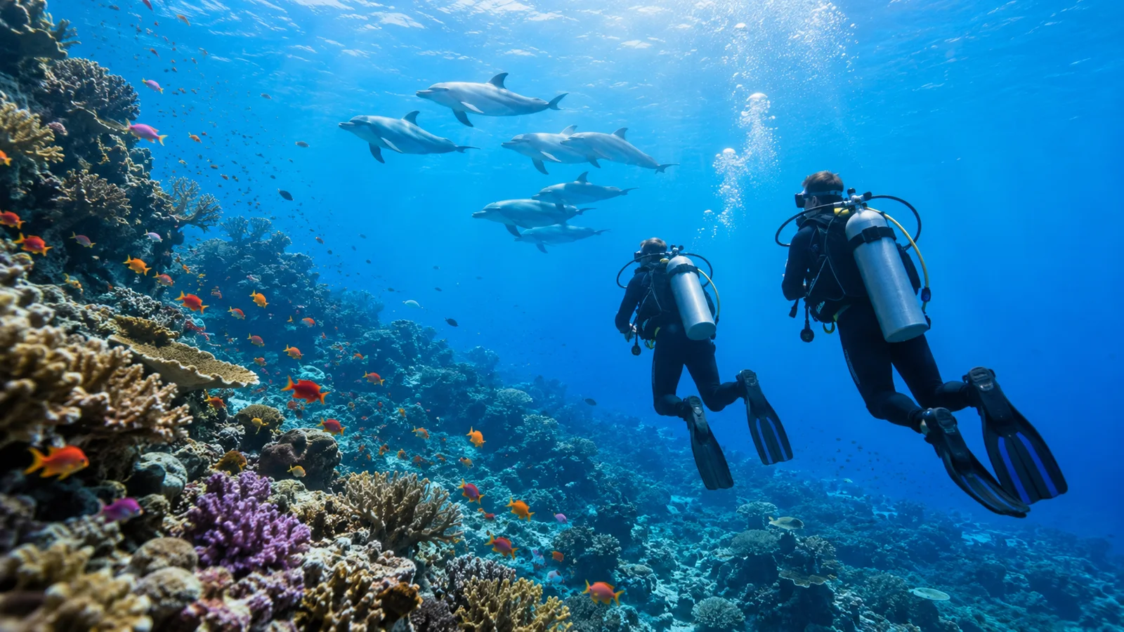 Nurkowie nad plateau Careless Reef z iglicami koralowymi koło Hurghady